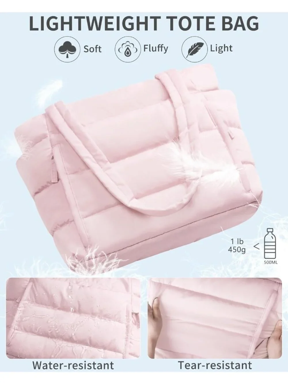 👜Women's Pink Puffer Tote Bag 16 Pockets Work Gym Travel Laptop Handbag Purse